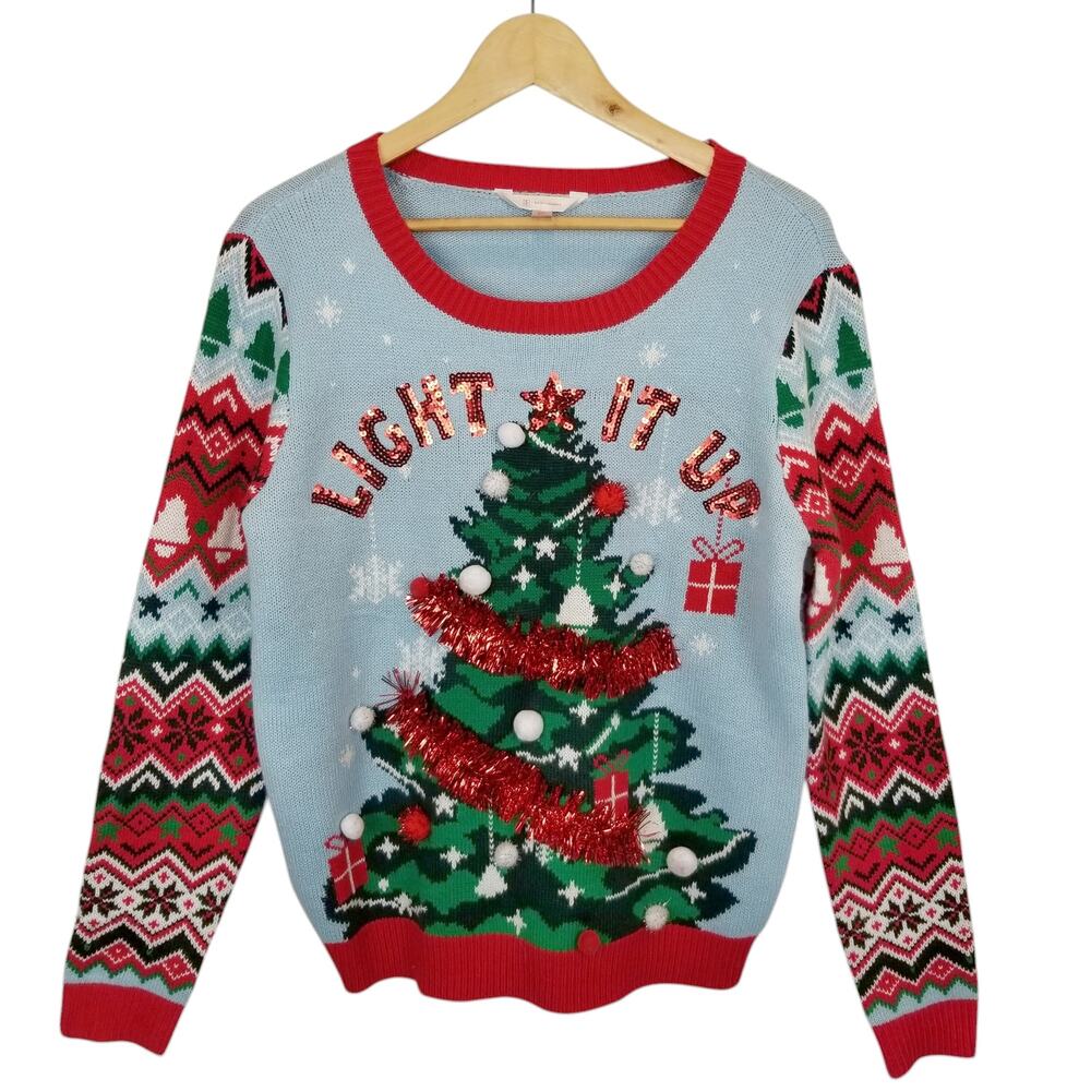 Ugly Christmas Sweater Women's Light It Up Tinsel Tree Crew Neck Size Large